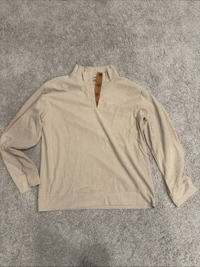 Beige Henley Pullover with Brown Elbow Patch